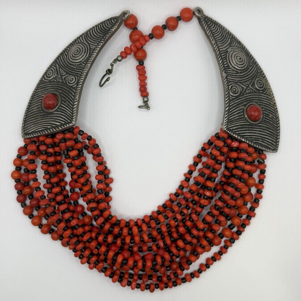 Tribal Ethnic Red Beaded Bib Necklace Statement Multi Strand